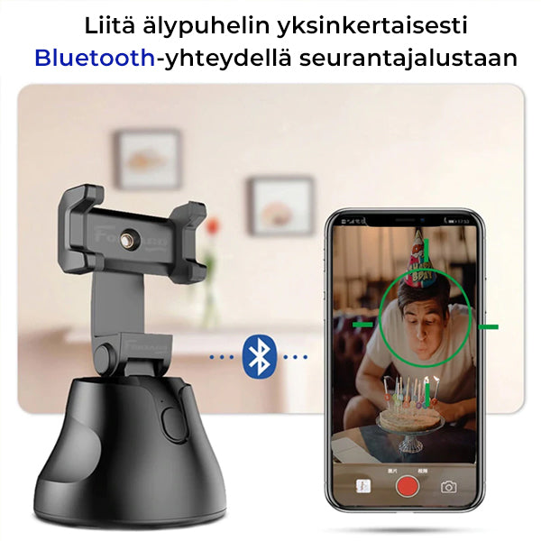 Musta älykäs 360° pyörivä jalusta älypuhelimille, kasvojentunnistus, kevyt ja kestävä ABS-metallirakenne.