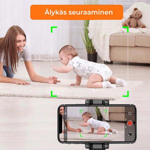 Musta älykäs 360° pyörivä jalusta älypuhelimille, kasvojentunnistus, kevyt ja kestävä ABS-metallirakenne.