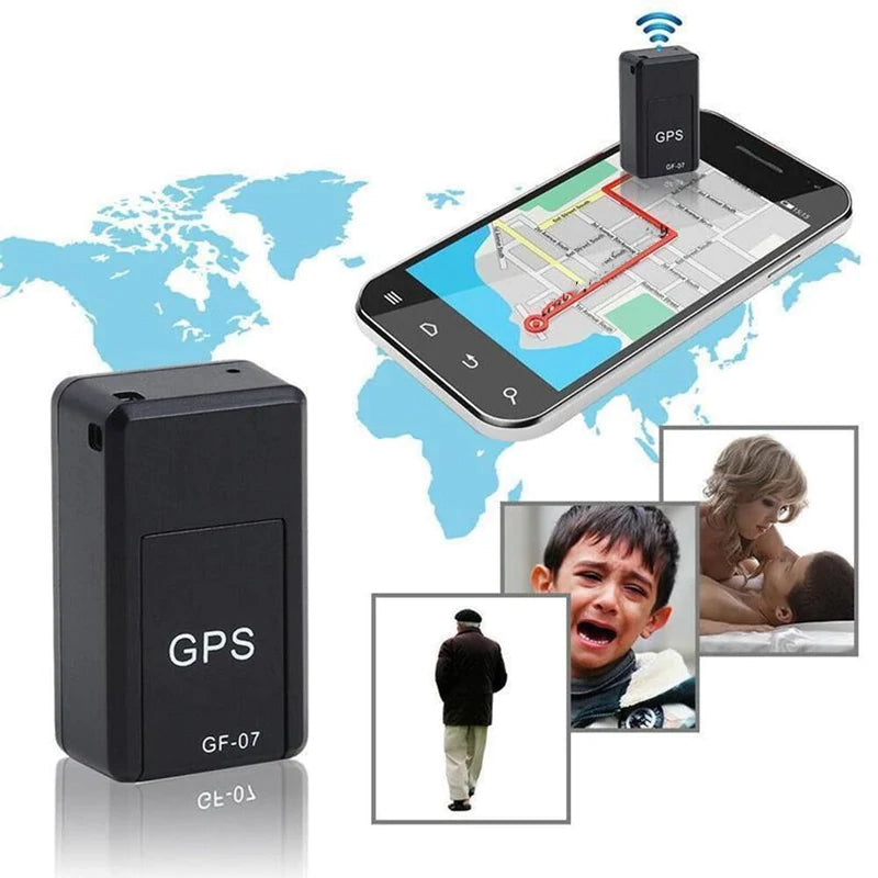 Sort magnetisk mini GPS tracker tyverisikringsenhed, lille størrelse, velegnet til diskret overvågning af køretøjer og ejendele.