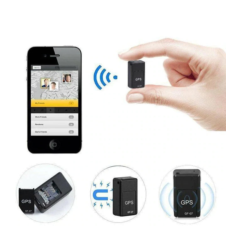 Sort magnetisk mini GPS tracker tyverisikringsenhed, lille størrelse, velegnet til diskret overvågning af køretøjer og ejendele.