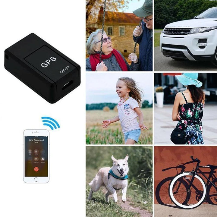 Sort magnetisk mini GPS tracker tyverisikringsenhed, lille størrelse, velegnet til diskret overvågning af køretøjer og ejendele.