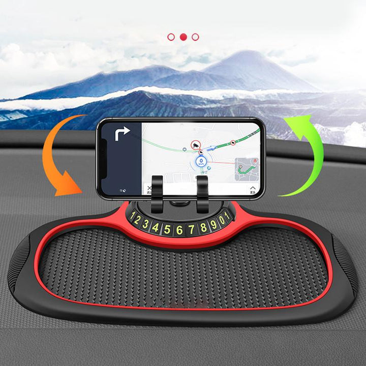 Sort militær biltelefonholder med skridsikker måtte og 360° roterende holder, set forfra.