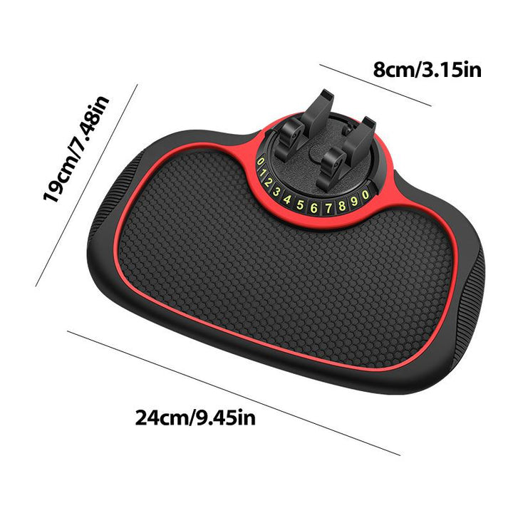 Sort militær biltelefonholder med skridsikker måtte og 360° roterende holder, set forfra.