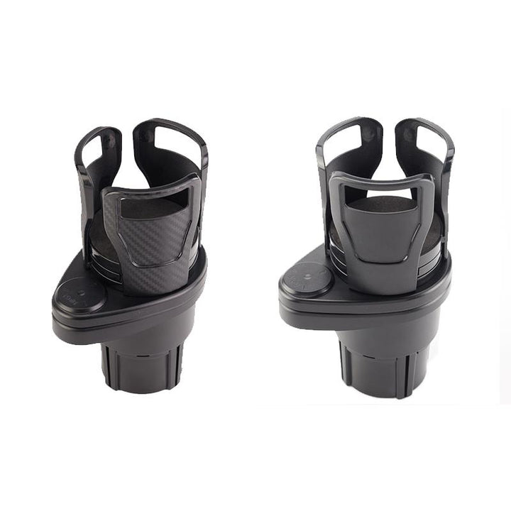 Sort multifunktionel bil drikkeholder med to opbevaringskopper, justerbar bund og roterende mekanisme.