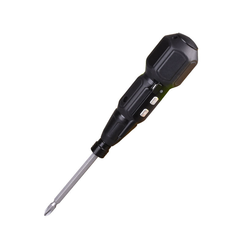 Sort multifunktionel genopladelig elektrisk skruetrækker, ergonomisk design, USB-opladelig, LED-lys.