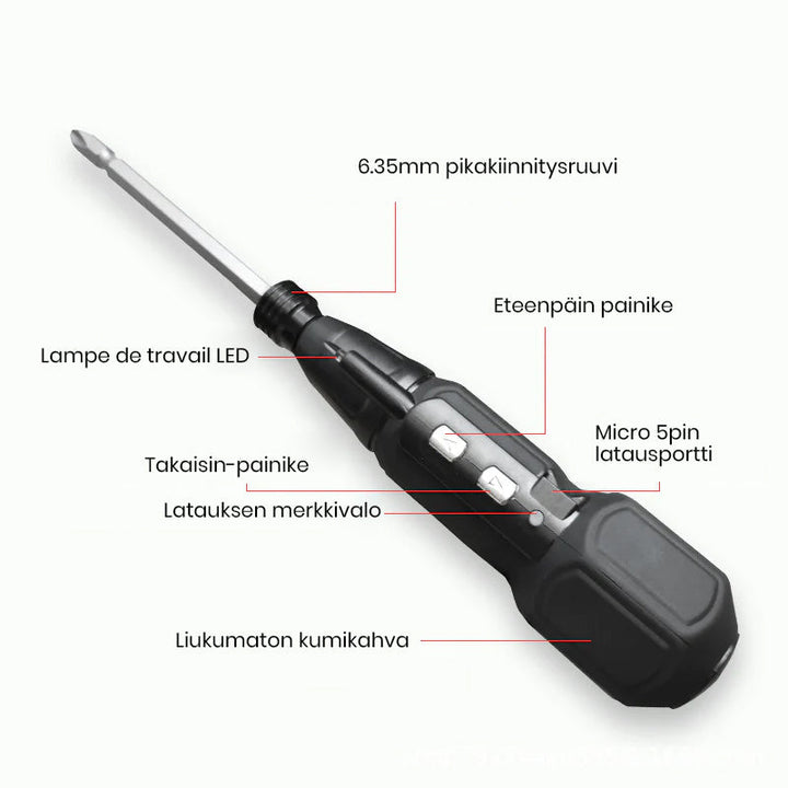 Sort multifunktionel genopladelig elektrisk skruetrækker, ergonomisk design, USB-opladelig, LED-lys.