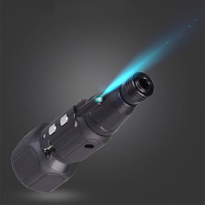 Sort multifunktionel genopladelig elektrisk skruetrækker, ergonomisk design, USB-opladelig, LED-lys.