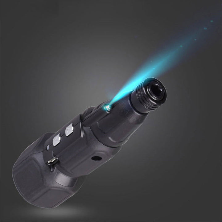 Sort multifunktionel genopladelig elektrisk skruetrækker, ergonomisk design, USB-opladelig, LED-lys.
