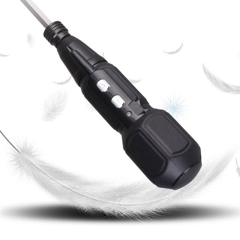Sort multifunktionel genopladelig elektrisk skruetrækker, ergonomisk design, USB-opladelig, LED-lys.
