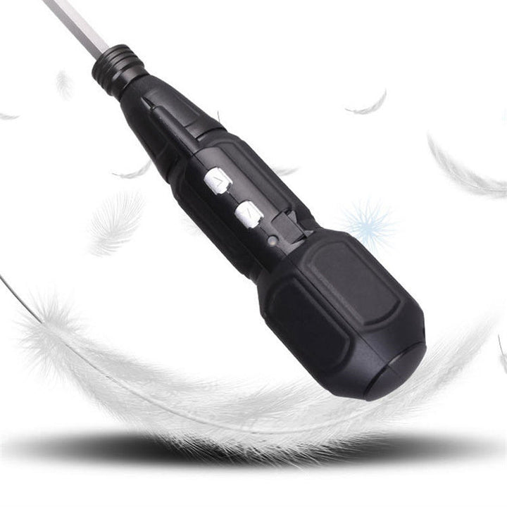 Sort multifunktionel genopladelig elektrisk skruetrækker, ergonomisk design, USB-opladelig, LED-lys.