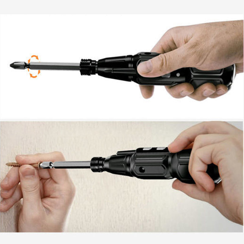 Sort multifunktionel genopladelig elektrisk skruetrækker, ergonomisk design, USB-opladelig, LED-lys.