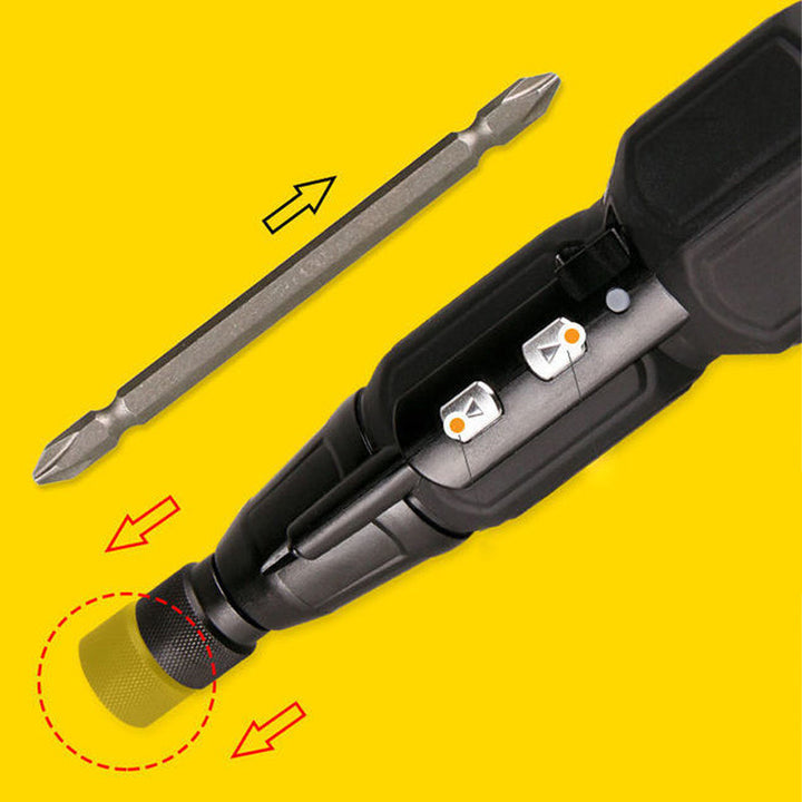 Sort multifunktionel genopladelig elektrisk skruetrækker, ergonomisk design, USB-opladelig, LED-lys.