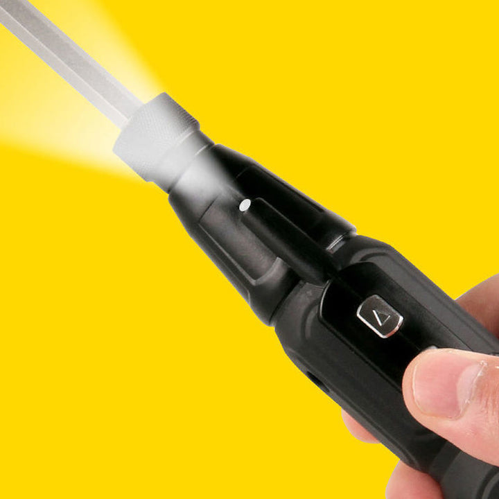 Sort multifunktionel genopladelig elektrisk skruetrækker, ergonomisk design, USB-opladelig, LED-lys.