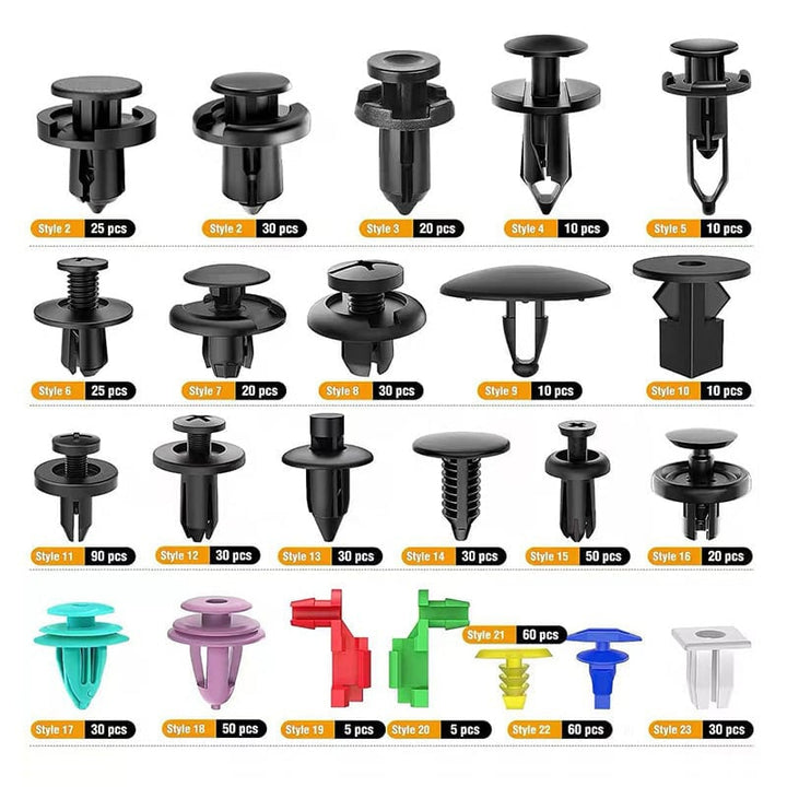 Musta nailoninen auton kiinnityssarja, 725 osaa, muovilaatikko, yleiskäyttöinen, autotyökalut, vertikaalinen näkymä.
