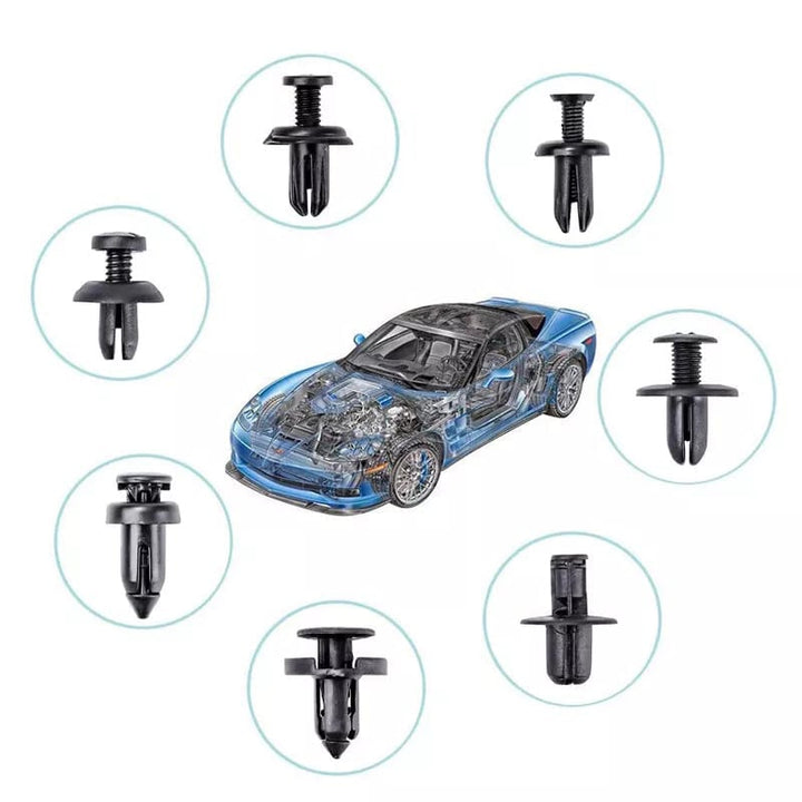 Musta nailoninen auton kiinnityssarja, 725 osaa, muovilaatikko, yleiskäyttöinen, autotyökalut, vertikaalinen näkymä.