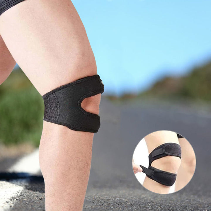 Sort knæstøtte til sport - Komfortabel, støttende, justerbare stropper, unisex design.