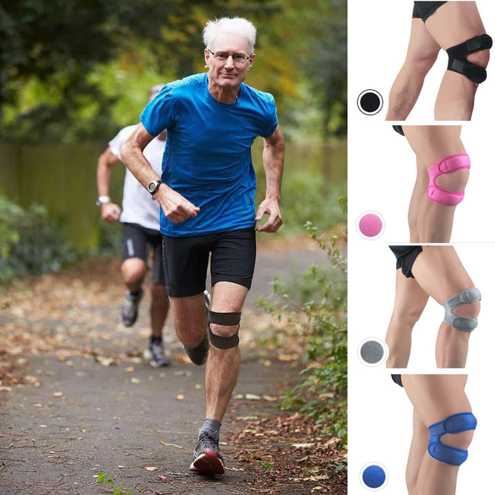 Sort knæstøtte til sport - Komfortabel, støttende, justerbare stropper, unisex design.