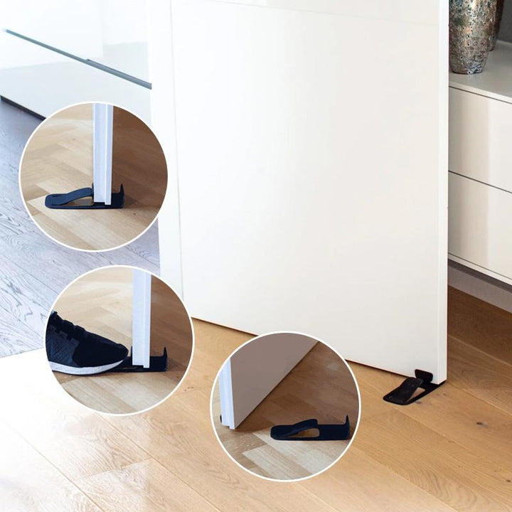 Sort dørstopper, kompakt og praktisk design, velegnet til alle overflader, øger dit hjems sikkerhed.