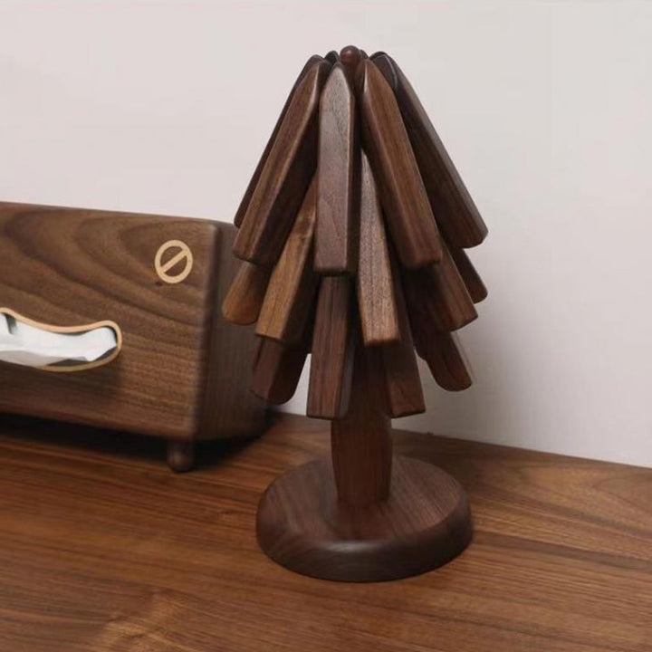 Sort valnøddetræ dækkeserviet, elegant træformet design, boligindretning, varm tone, praktisk