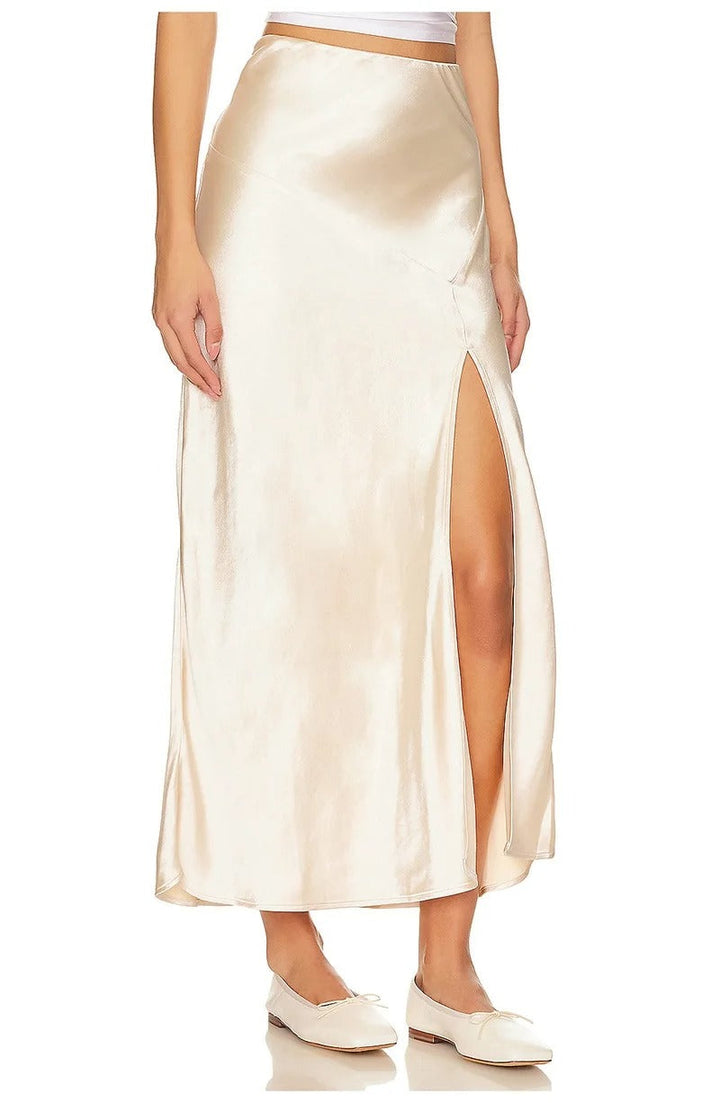 Dame lang satin bodycon maxi nederdel, sort, med elastisk linning og ankel-længde.