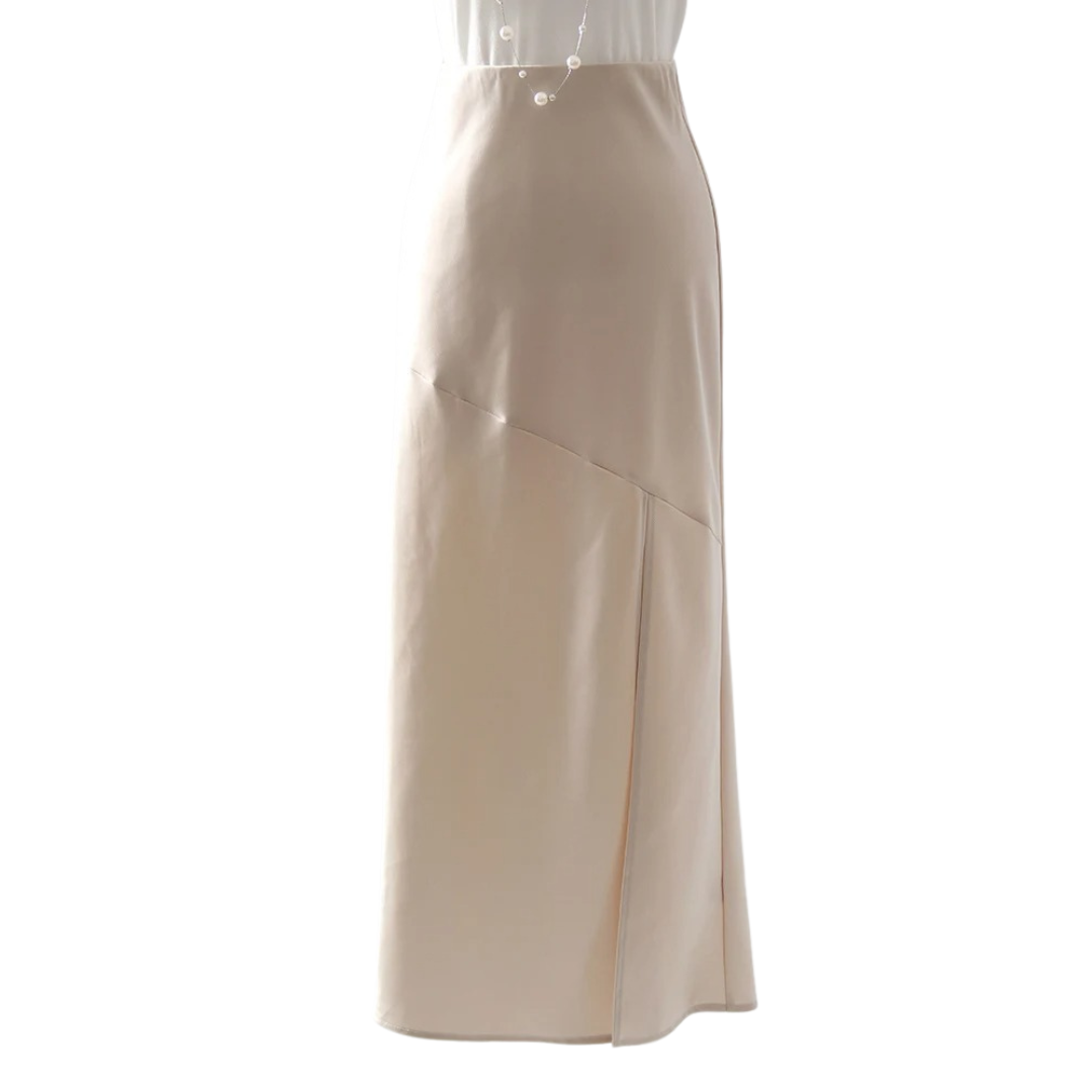 Dame lang satin bodycon maxi nederdel, sort, med elastisk linning og ankel-længde.