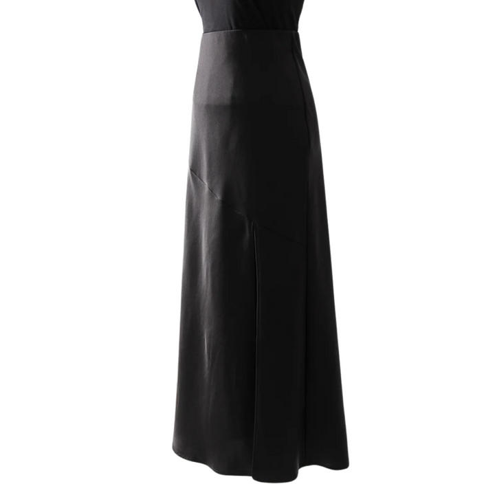 Dame lang satin bodycon maxi nederdel, sort, med elastisk linning og ankel-længde.