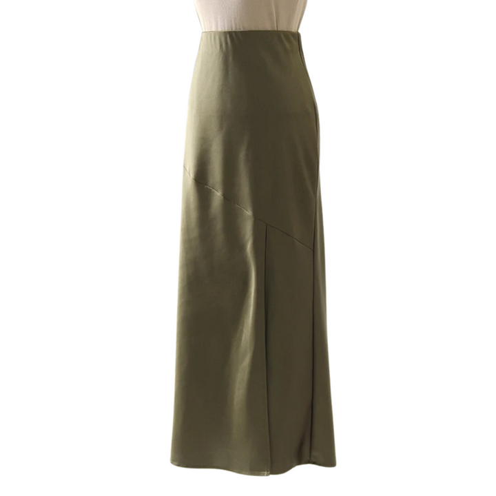 Dame lang satin bodycon maxi nederdel, sort, med elastisk linning og ankel-længde.