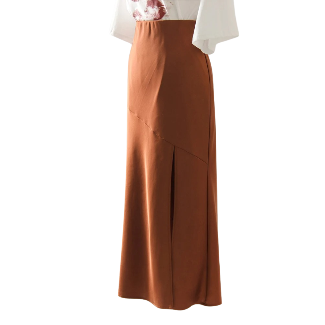Dame lang satin bodycon maxi nederdel, sort, med elastisk linning og ankel-længde.