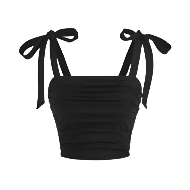Sort flæse crop top til damer; bindesnore på skuldrene og kropsnær pasform; elegant og feminint look.