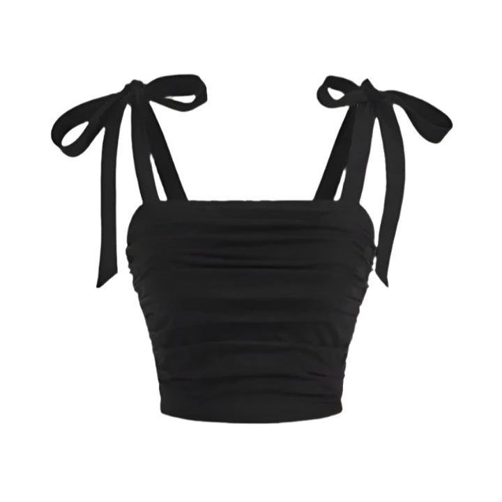 Sort flæse crop top til damer; bindesnore på skuldrene og kropsnær pasform; elegant og feminint look.