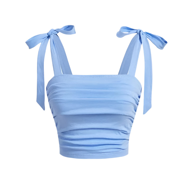 Sort flæse crop top til damer; bindesnore på skuldrene og kropsnær pasform; elegant og feminint look.