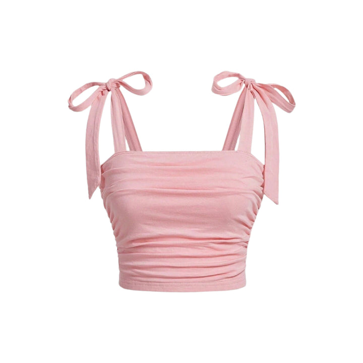 Sort flæse crop top til damer; bindesnore på skuldrene og kropsnær pasform; elegant og feminint look.