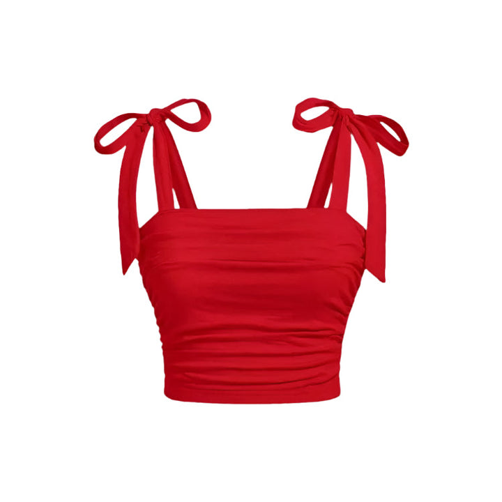 Sort flæse crop top til damer; bindesnore på skuldrene og kropsnær pasform; elegant og feminint look.
