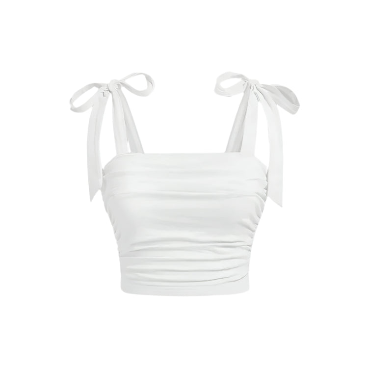 Sort flæse crop top til damer; bindesnore på skuldrene og kropsnær pasform; elegant og feminint look.