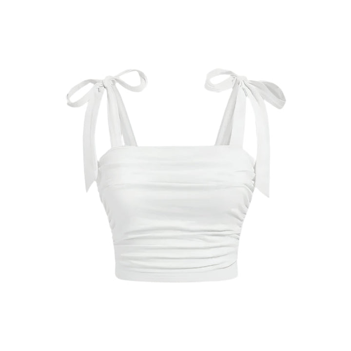 Sort flæse crop top til damer; bindesnore på skuldrene og kropsnær pasform; elegant og feminint look.