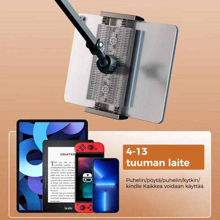 Sort sengemonteret holder til mobil og tablet, multifunktionel og drejelig teknisk løsning til hjemmebrug.