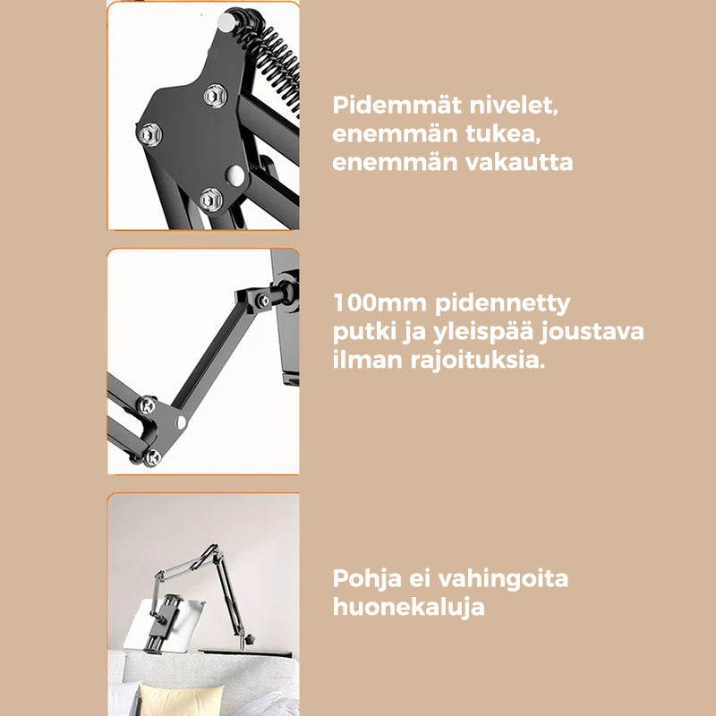 Sort sengemonteret holder til mobil og tablet, multifunktionel og drejelig teknisk løsning til hjemmebrug.