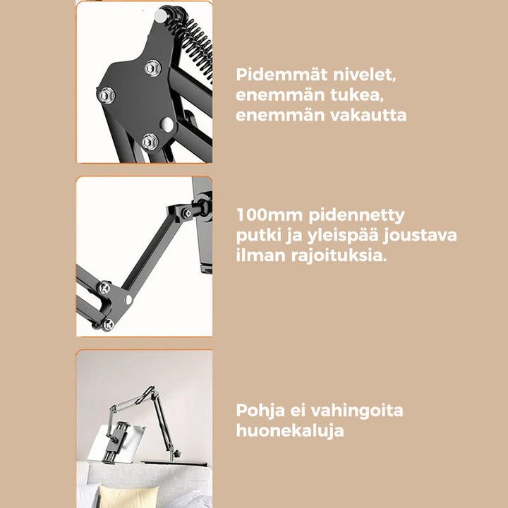 Sort sengemonteret holder til mobil og tablet, multifunktionel og drejelig teknisk løsning til hjemmebrug.
