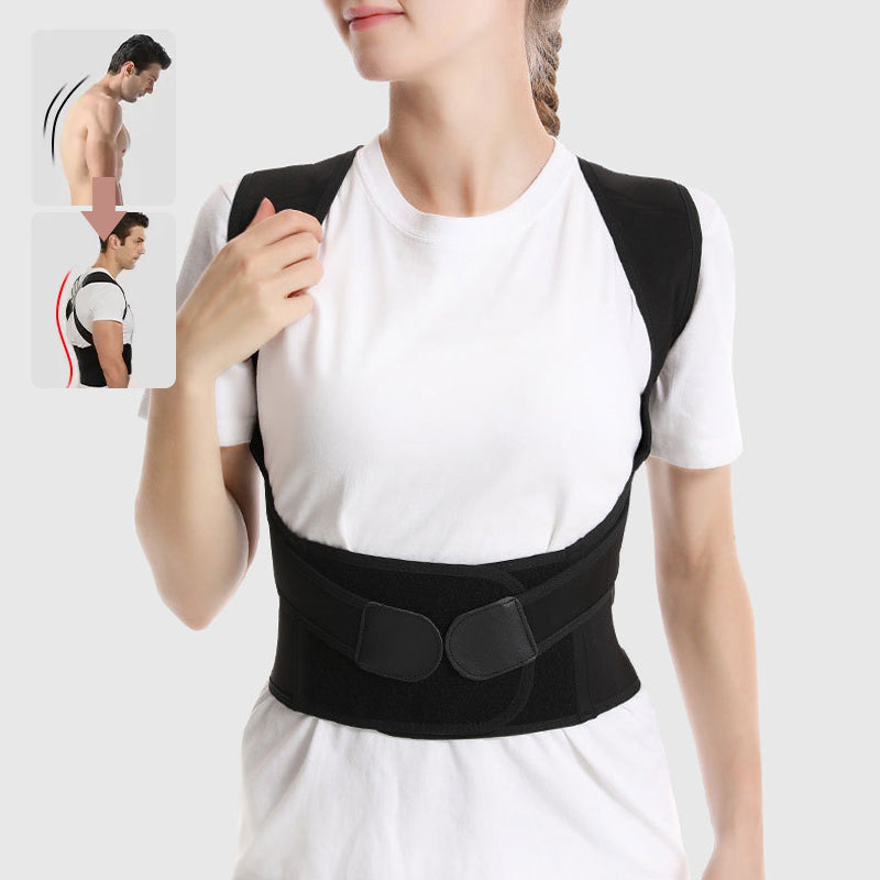 Sort unisex rygholdningskorrigerende støtte, let og åndbar, justerbare stropper, forbedrer kropsholdning og giver komfort.
