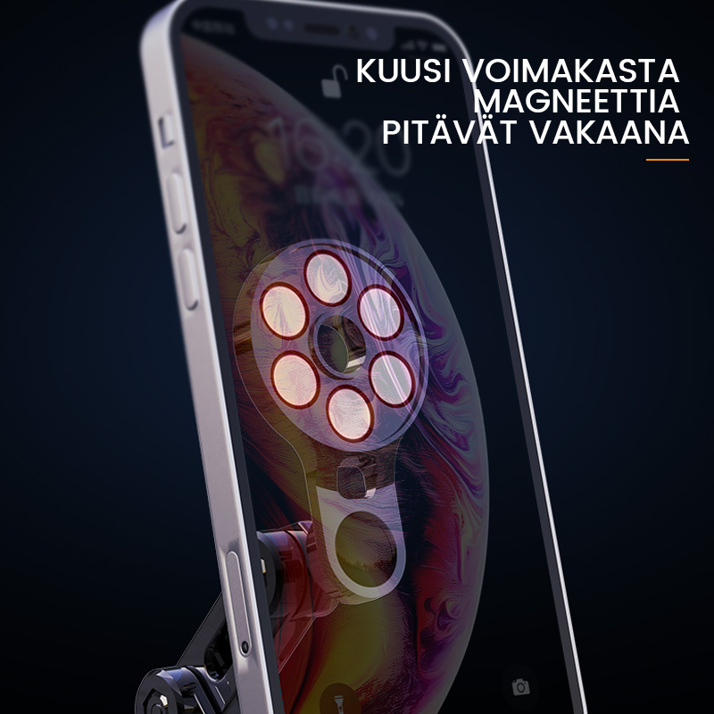 Universel 360° bilholder til telefon i sort, med magnetisk montering, elegant design, sikrer sikker og nem brug under kørsel.