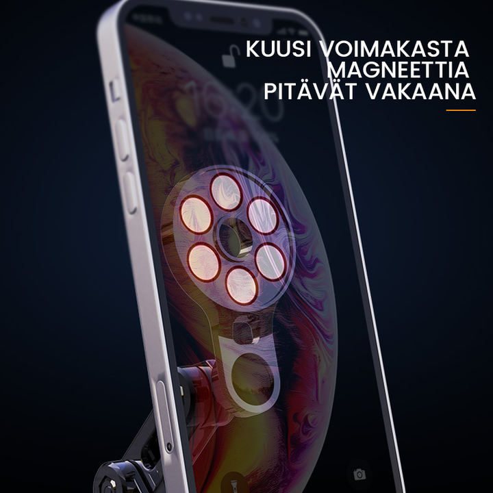 Universel 360° bilholder til telefon i sort, med magnetisk montering, elegant design, sikrer sikker og nem brug under kørsel.
