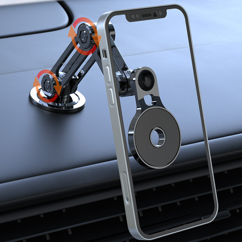 Universel 360° bilholder til telefon i sort, med magnetisk montering, elegant design, sikrer sikker og nem brug under kørsel.