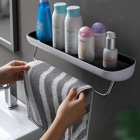 Musta/harmaa ylellinen muovinen suihkuhylly ilman porausta, moderni muotoilu, kestävä materiaali, kylpyhuoneen järjestelyyn.