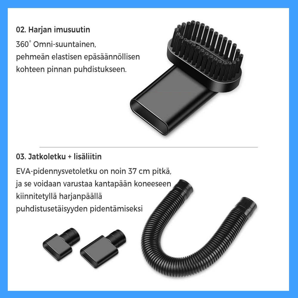 Bærbar støvsuger til bil i sort/sølv med ergonomisk design, kraftig 5000PA sugeevne, USB-C, ABS-materiale.