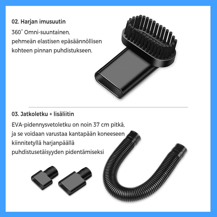 Bærbar støvsuger til bil i sort/sølv med ergonomisk design, kraftig 5000PA sugeevne, USB-C, ABS-materiale.