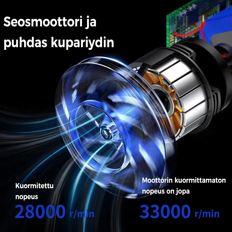 Bærbar støvsuger til bil i sort/sølv med ergonomisk design, kraftig 5000PA sugeevne, USB-C, ABS-materiale.