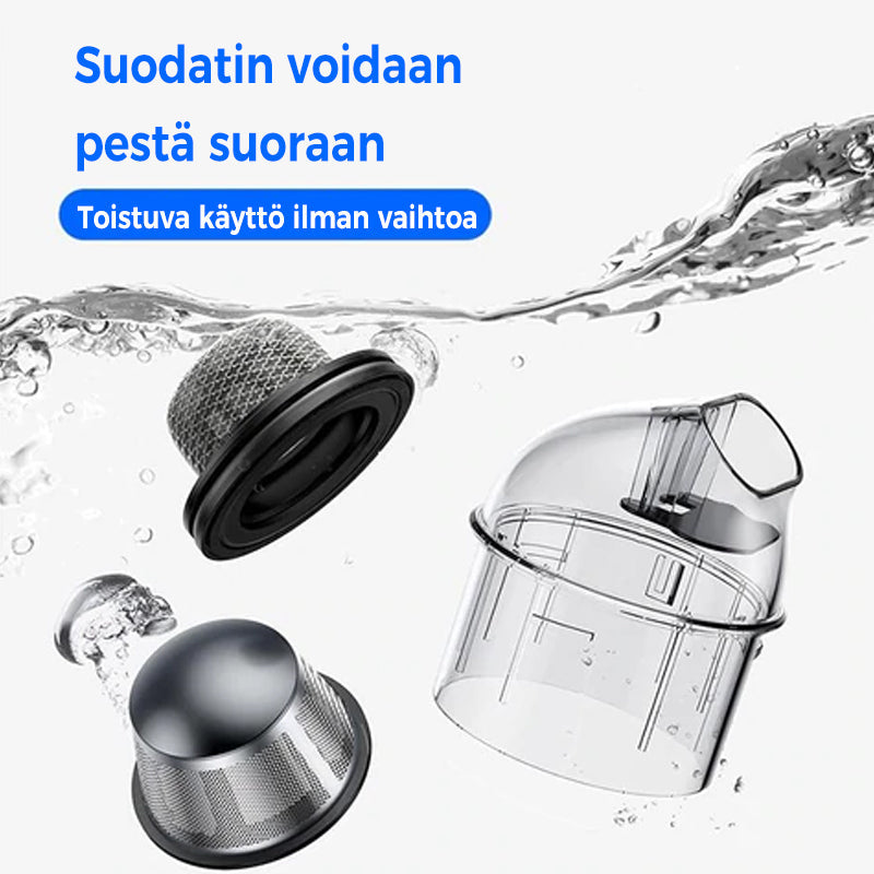 Bærbar støvsuger til bil i sort/sølv med ergonomisk design, kraftig 5000PA sugeevne, USB-C, ABS-materiale.