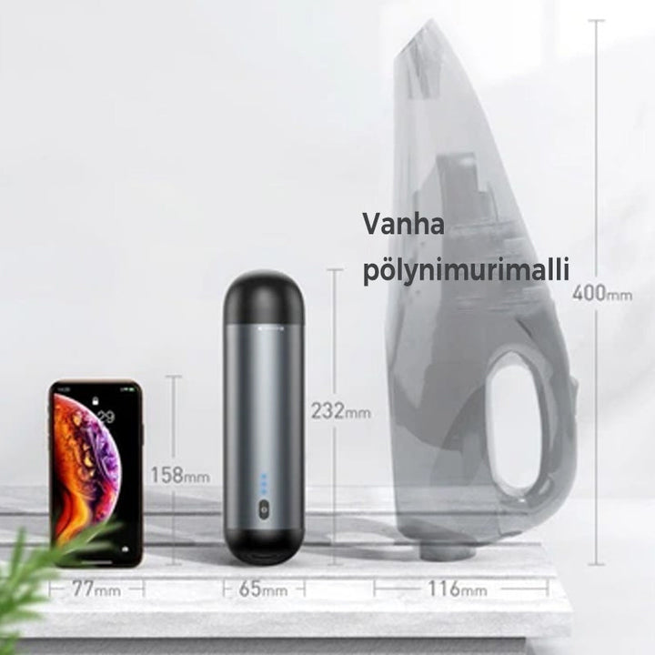 Bærbar støvsuger til bil i sort/sølv med ergonomisk design, kraftig 5000PA sugeevne, USB-C, ABS-materiale.