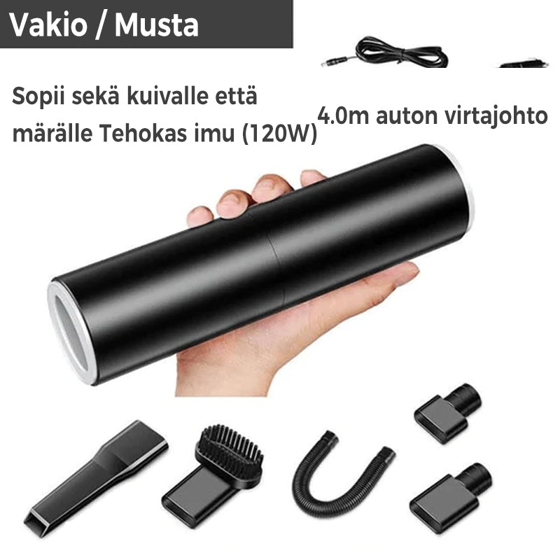 Bærbar støvsuger til bil i sort/sølv med ergonomisk design, kraftig 5000PA sugeevne, USB-C, ABS-materiale.