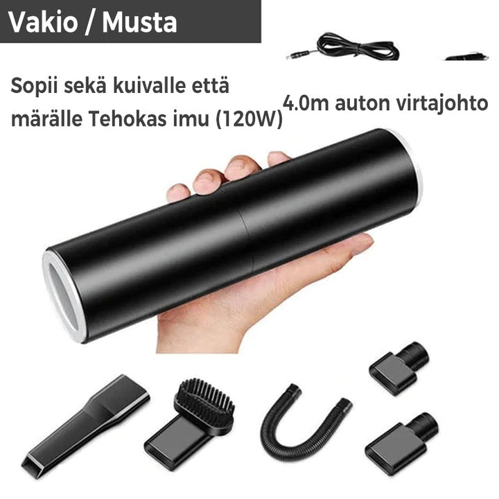 Bærbar støvsuger til bil i sort/sølv med ergonomisk design, kraftig 5000PA sugeevne, USB-C, ABS-materiale.
